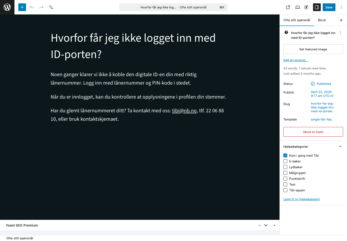 WordPress editor for a Tibi FAQ entry