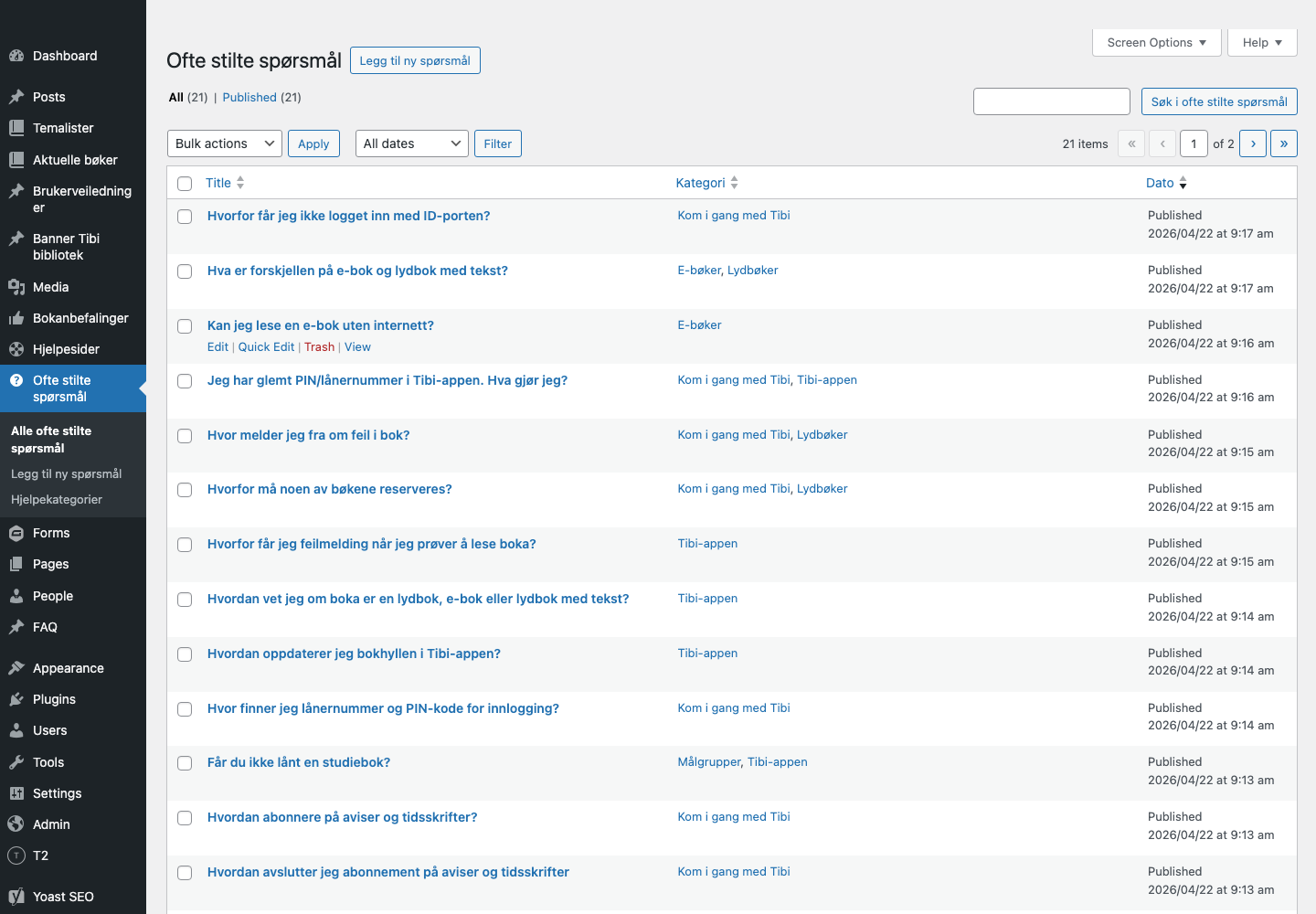WordPress admin list for Tibi FAQ entries