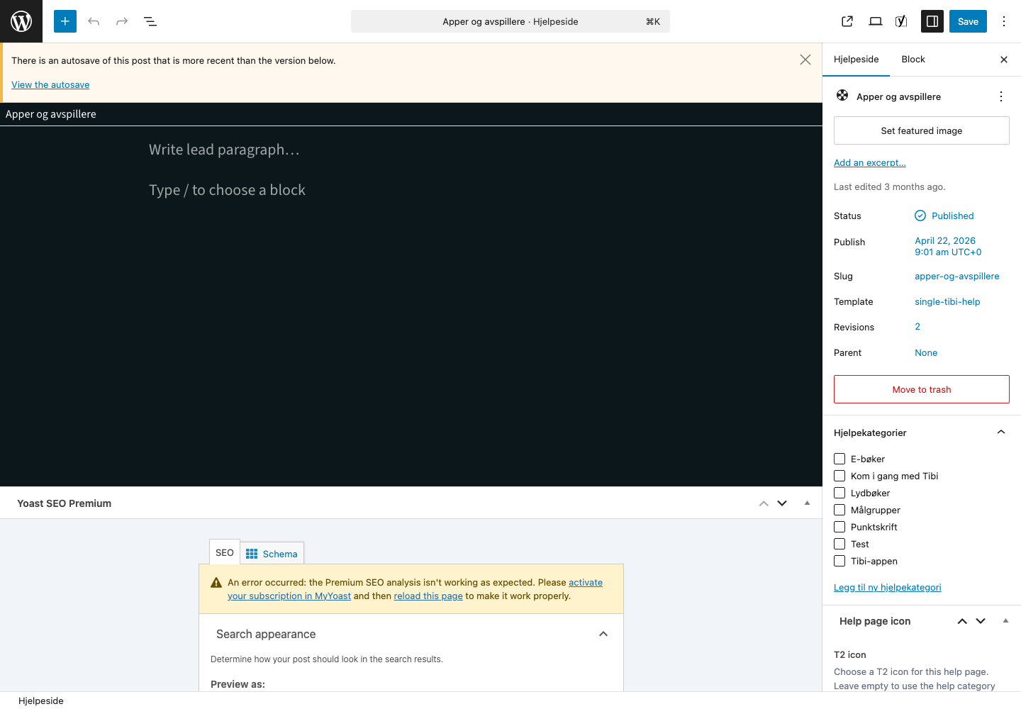 WordPress editor for a Tibi Help page