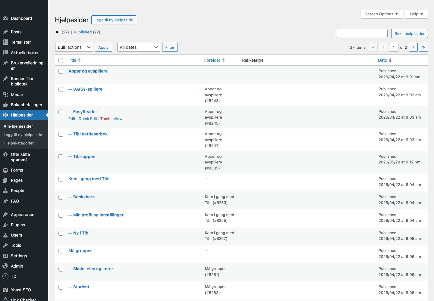 WordPress admin list for Tibi Help pages